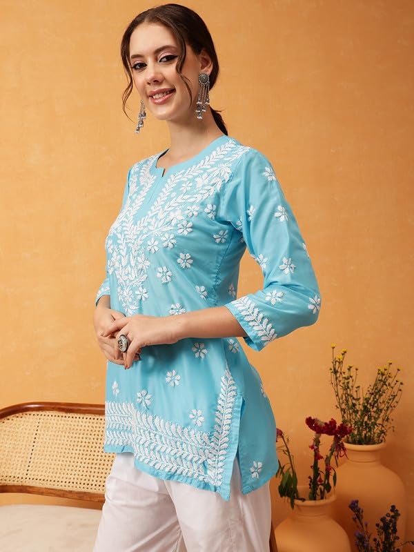 Ada Women Muslin Regular Hand Embroidered Lucknowi Chikankari Straight Top Tunic Short Kurti A911424 Blue (XL) - Image 4