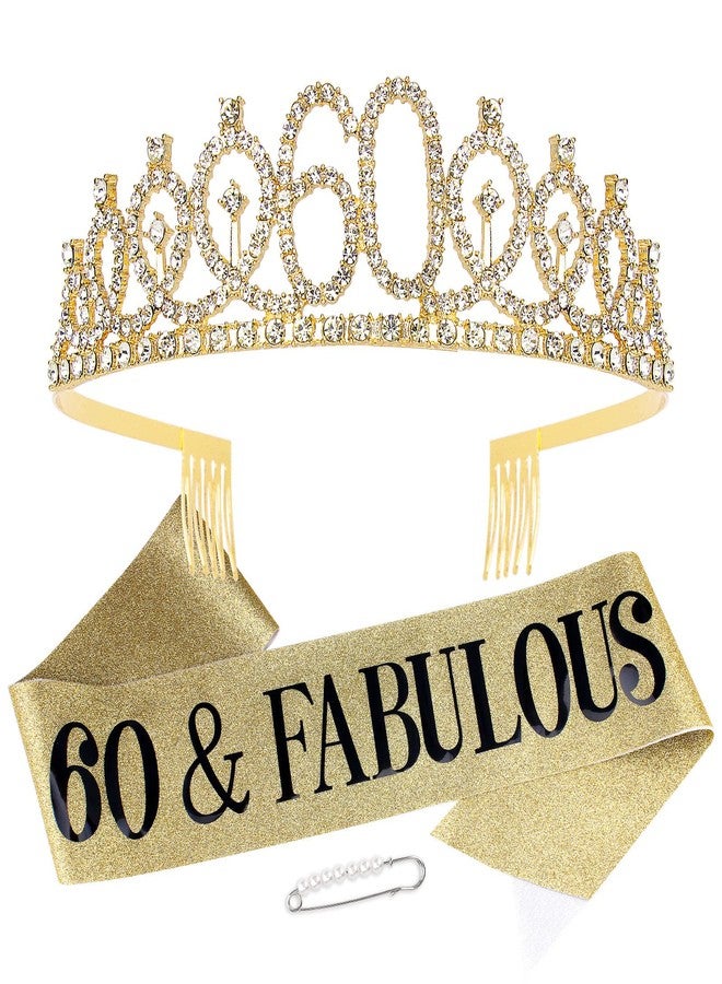 Vovii 60th Birthday Decorations for Women Sparkling 60th Birthday Sash and Tiara Set with Rhinestone 60 and Pearl Pin, Golden Metallic Shine Party Accessories - Image 1