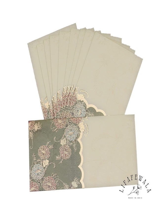 LIFAFEWALA Designer Print Small Flower Design Shagun Envelopes For Gifting, Weddings,etc Color Half Green| Pack of 10 | - Image 1