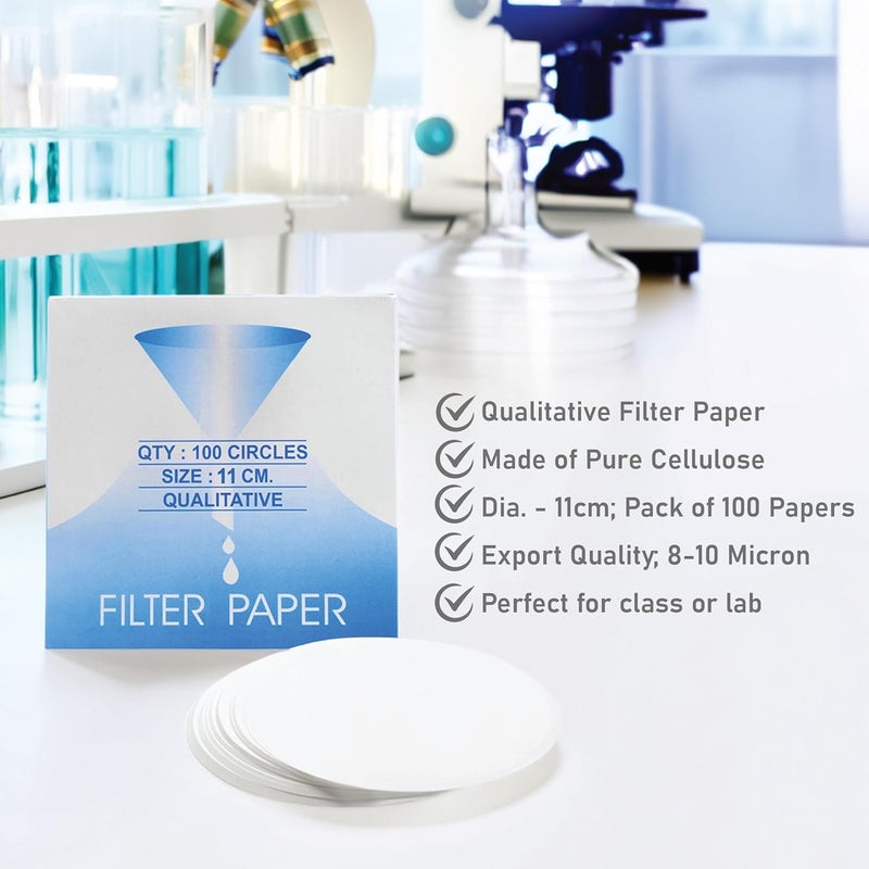 EISCO عبوة من 100 ورقة فلتر نوعية ممتازة - 11 سم، 8-10 ميكرون، ورق مختبر عالي النقاء للكيمياء، ترشيح السوائل، التجارب العلمية، البحث، الفصول الدراسية وأنشطة STEM. - Image 5