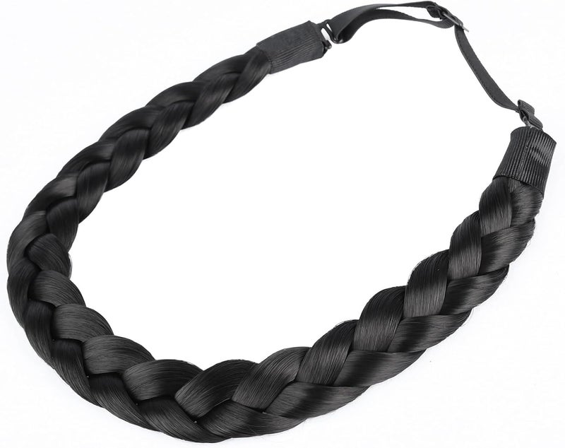 3 Strands Synthetic Hair Braided Headband Classic Chunky Wide Plaited Braids Elastic Stretch Hairpiece for Women Girl Natural Black
