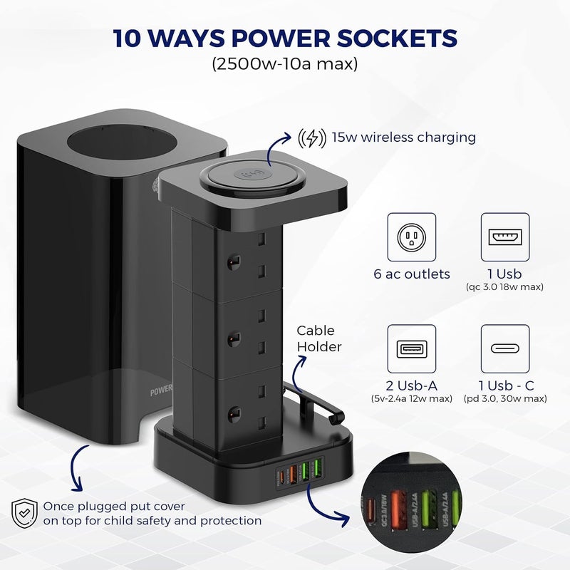CAROSKI Tower Extension Cord 6 Power Socket 4 USB Ports and 2500W Wireless Charger Multi-Plug Extension 2M Long 1 Extra Charging Cable 1 Year warranty Extension Cable with Elegant Box (Black) - Image 2