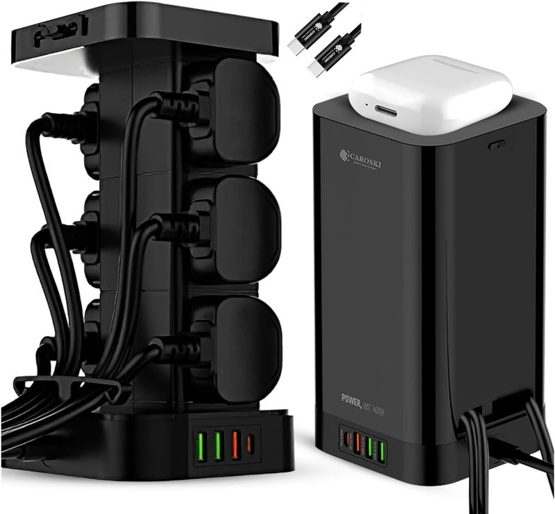 CAROSKI Tower Extension Cord 6 Power Socket 4 USB Ports and 2500W Wireless Charger Multi-Plug Extension 2M Long 1 Extra Charging Cable 1 Year warranty Extension Cable with Elegant Box (Black) - Image 1