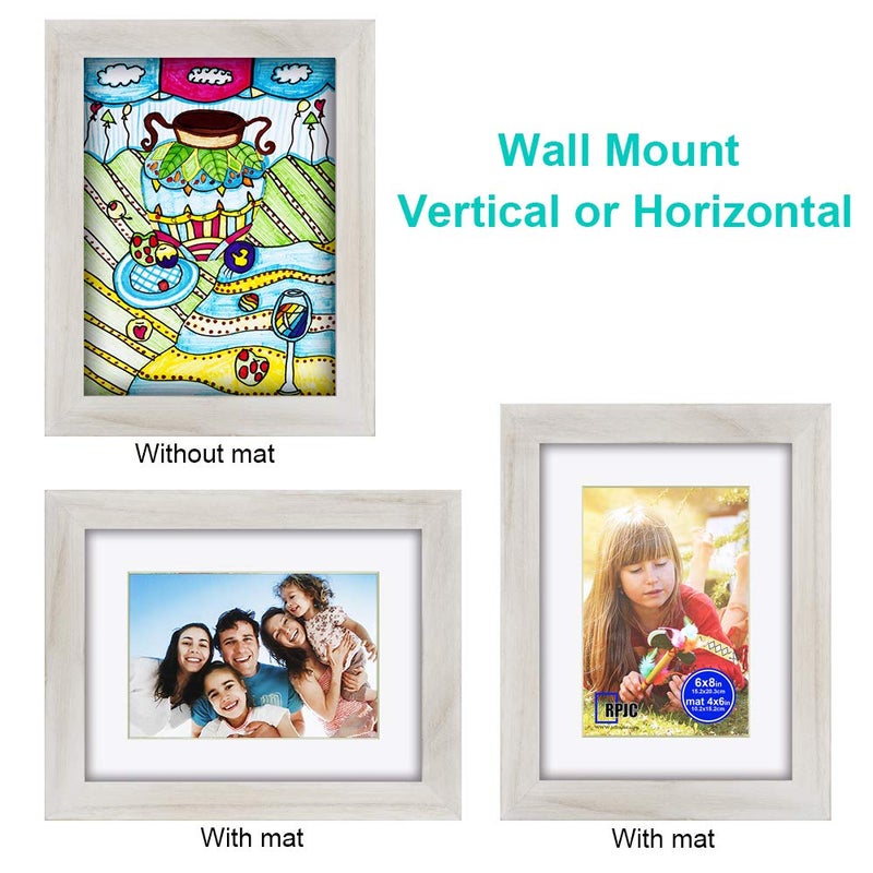 RPJC 6x8 inch Picture Frame Made of Solid Wood and High Definition Glass Display Pictures 4x6 with Mat or 6x8 Without Mat for Wall Mounting Photo Frame Rustic White - Image 3