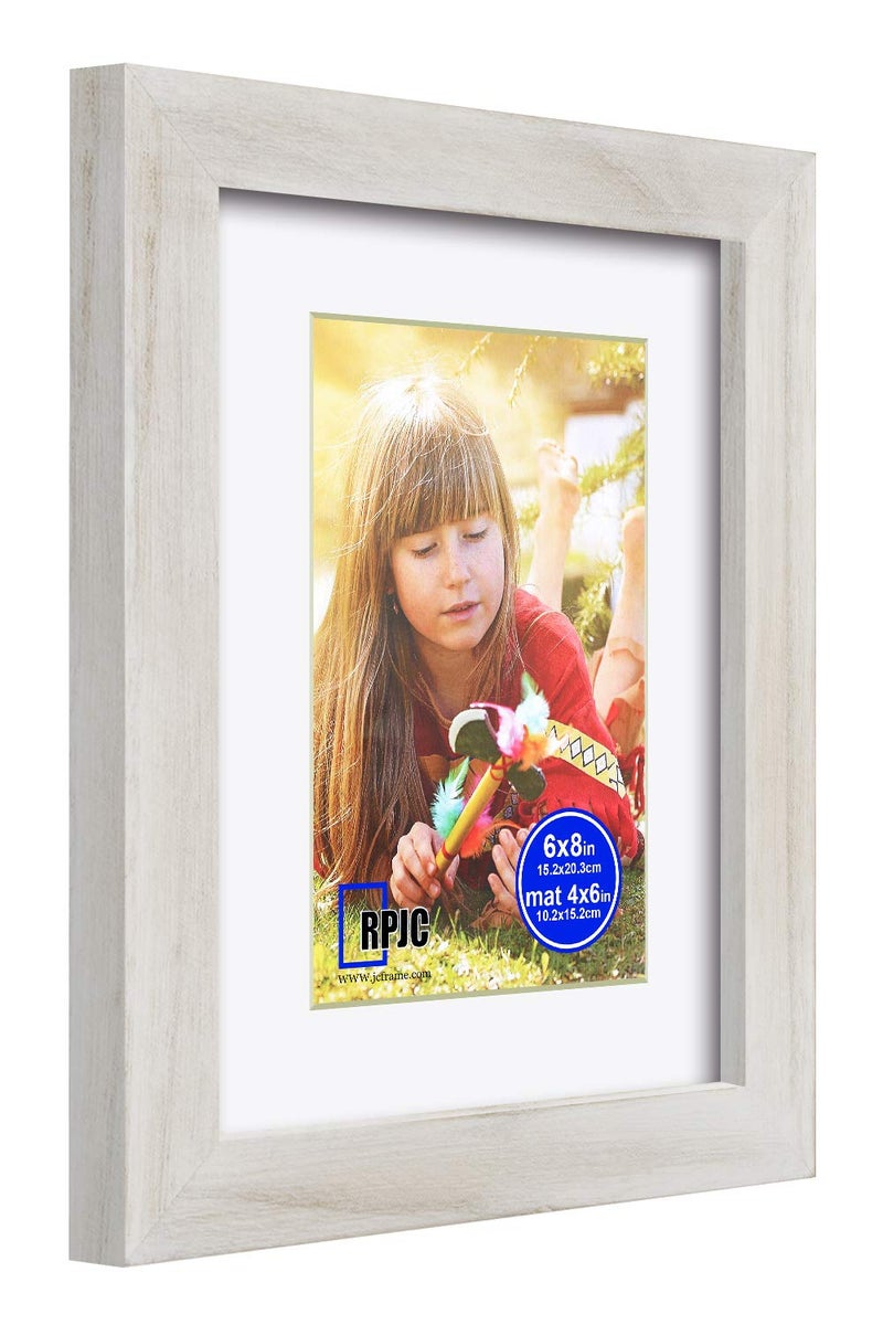 RPJC 6x8 inch Picture Frame Made of Solid Wood and High Definition Glass Display Pictures 4x6 with Mat or 6x8 Without Mat for Wall Mounting Photo Frame Rustic White - Image 2
