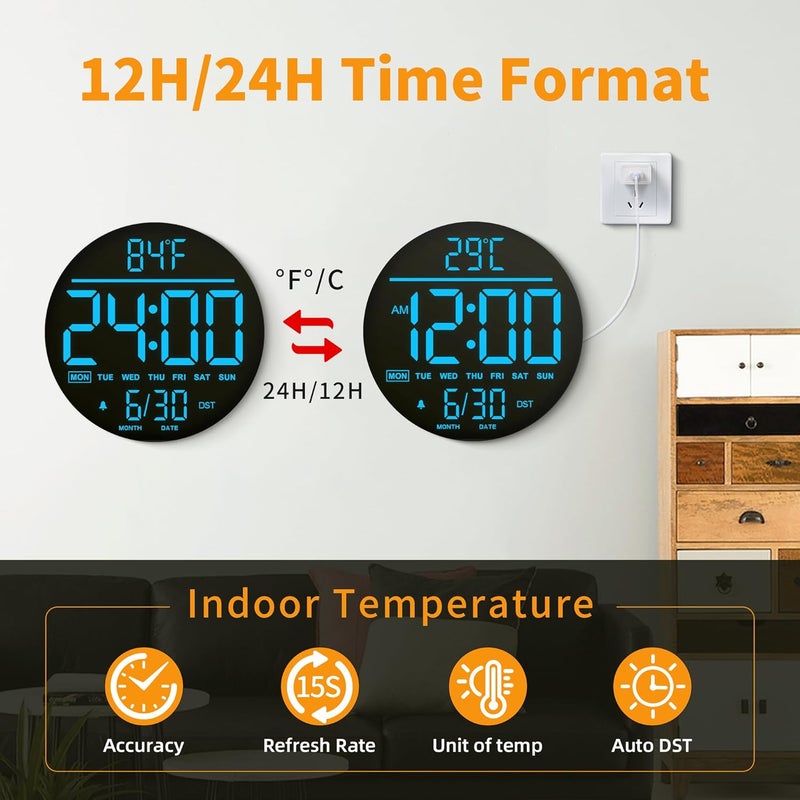 Mee 2ou 10 Inch Digital Wall Clock with Night Light, Alarm, Remote Control, 11 RGB Colours, Auto Brightness, Temperature Display, Date & Day of the Week, Modern Electric LED Wall Clock for Bedroom and - Image 2
