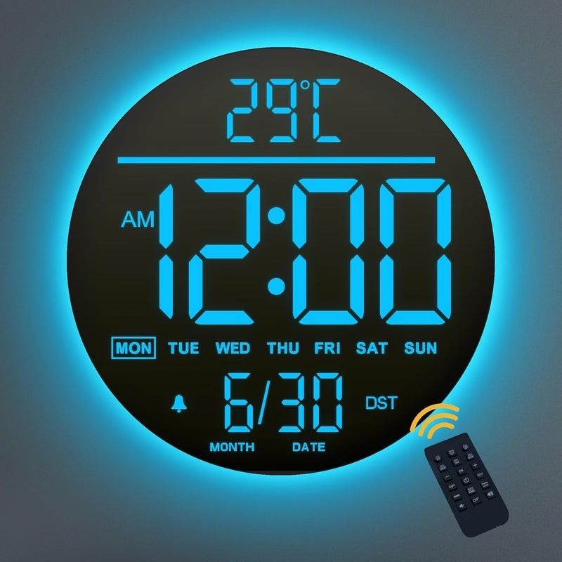 Mee 2ou 10 Inch Digital Wall Clock with Night Light, Alarm, Remote Control, 11 RGB Colours, Auto Brightness, Temperature Display, Date & Day of the Week, Modern Electric LED Wall Clock for Bedroom and - Image 1