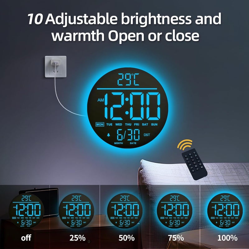 Mee 2ou 10 Inch Digital Wall Clock with Night Light, Alarm, Remote Control, 11 RGB Colours, Auto Brightness, Temperature Display, Date & Day of the Week, Modern Electric LED Wall Clock for Bedroom and - Image 4