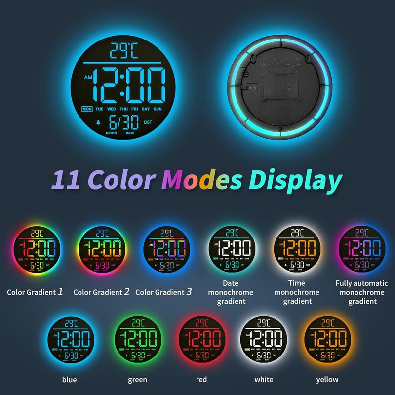 Mee 2ou 10 Inch Digital Wall Clock with Night Light, Alarm, Remote Control, 11 RGB Colours, Auto Brightness, Temperature Display, Date & Day of the Week, Modern Electric LED Wall Clock for Bedroom and - Image 3