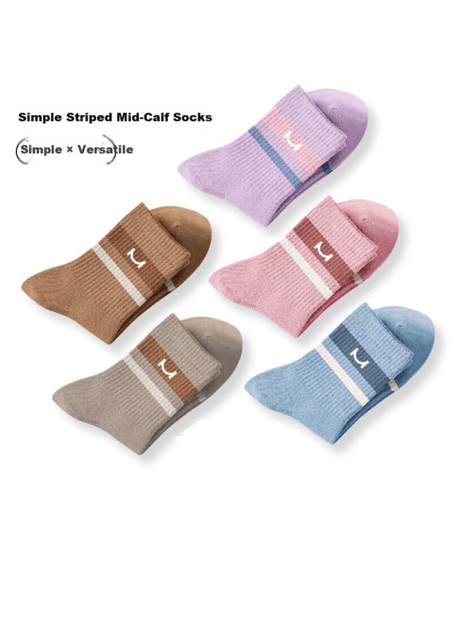 Miyou Women's Socks, Mid-calf Length For Spring And Summer, Casual Style, 7a Antibacterial, Sweat-absorbing, Versatile, Mixed Colors, 5 Pairs Per Pack - Image 1