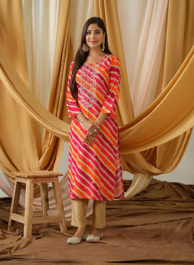 دي دبليو Printed Round Neck Straight Kurta by Styli