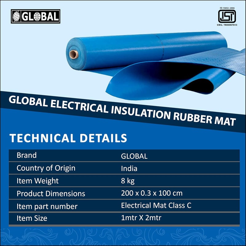 GLOBAL PREMIUM GLOBAL PREMIUM Electrical Insulation Rubber Mat 33KV Class C 1 Mtr x 2 Mtr 3mm Thickness Blue Color 1 PcInsulating Rubber MatAnti SkidShock ProofISI Certified  - Image 5