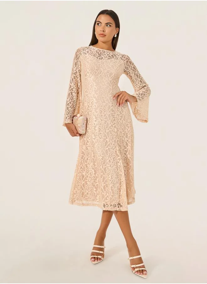 ستايلي Solid Lace Bell Sleeves A-Line Midi Dress