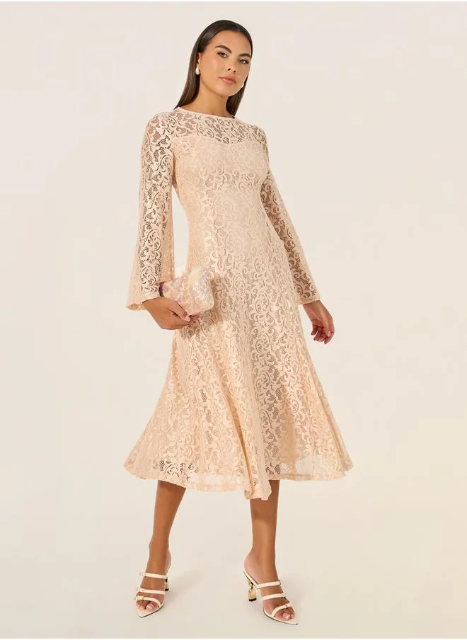 Styli Solid Lace Bell Sleeves A-Line Midi Dress