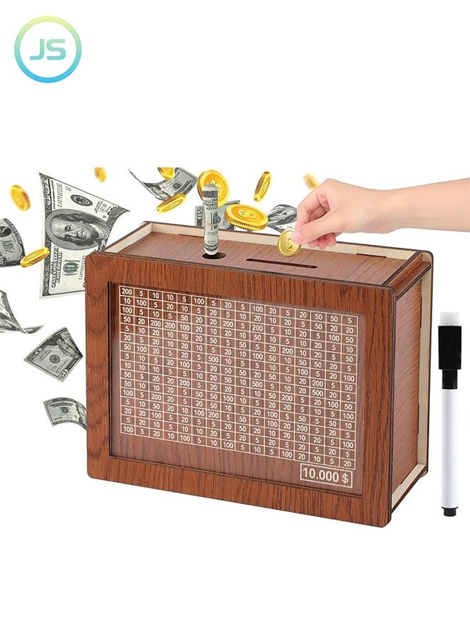 JS Money Saving Box for Kids Adults, 10000 Savings Challenge Box, Wooden Digital Cash Vault Piggy Bank, Boys Girls Cash box with Money Target and Numbers - Image 1