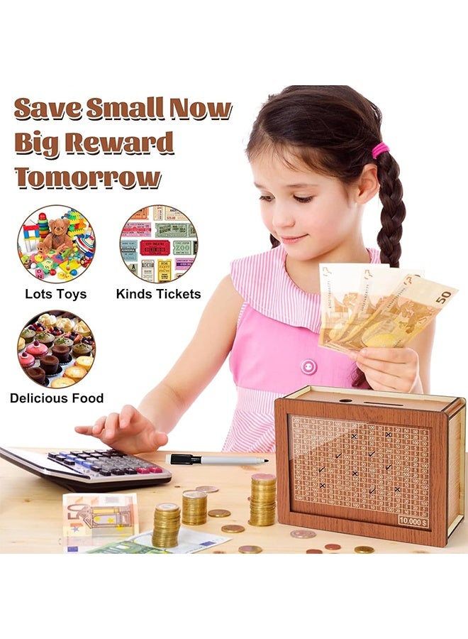 JS Money Saving Box for Kids Adults, 10000 Savings Challenge Box, Wooden Digital Cash Vault Piggy Bank, Boys Girls Cash box with Money Target and Numbers - Image 5