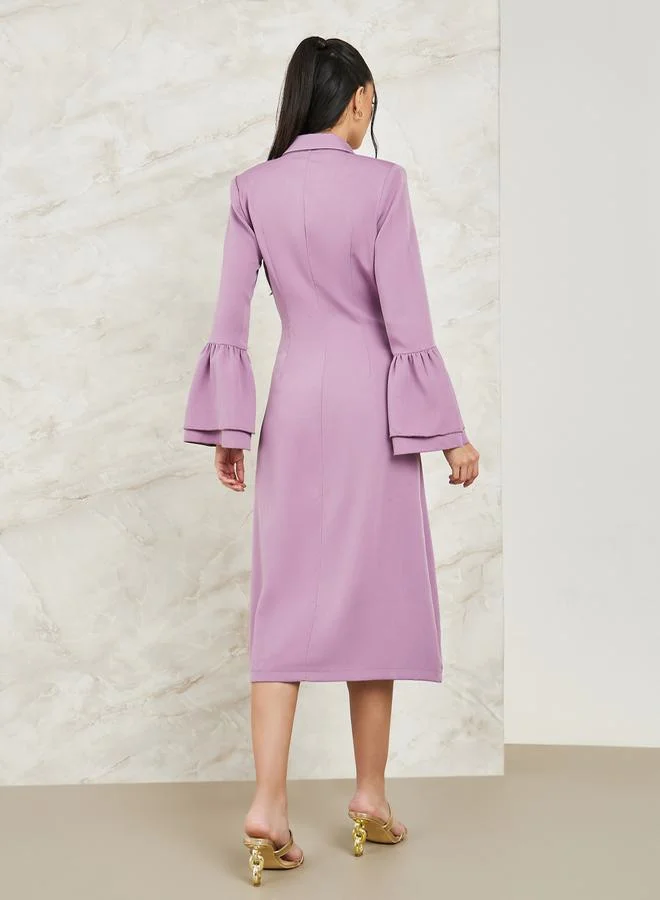 Styli Notch Lapel Blazer Midi Dress with Bell Sleeve