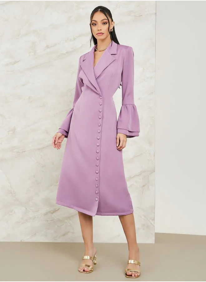 ستايلي Notch Lapel Blazer Midi Dress with Bell Sleeve