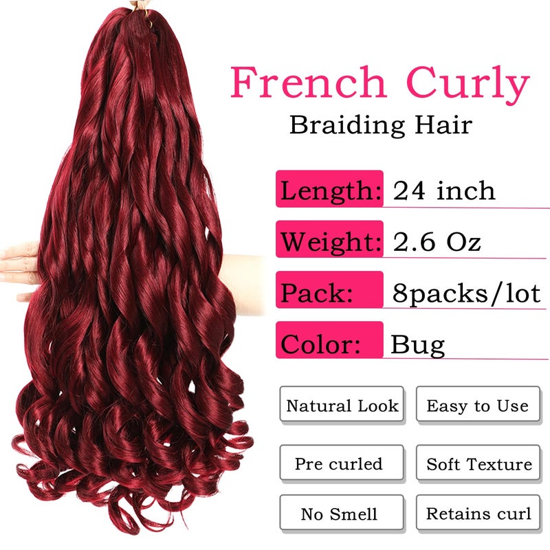Conrora French Curly Braiding Hair 24 Inch 8 Packs Burgundy Color - Pre Stretched Bouncy Braiding Hair- Loose Wavy Synthetic Hair Extensions For Black Women (24 inch 8 packs, Burgundy) - Image 3