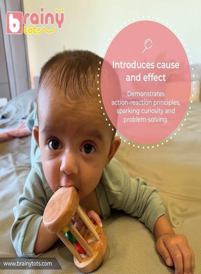 Brainytots Rolling Drum Rattle | Neem Wood Rattle | Montessori Inspired Educational Toy | Improves Fine and Gross Motor Skills | Improves Grasp and Auditory Stimulation - Image 4