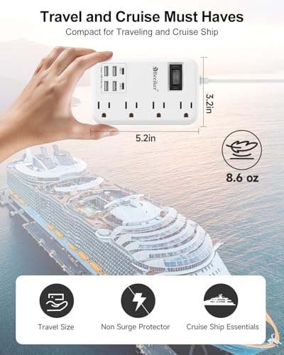 Beeiker 6 USB(2 USB C) Travel Power Strip- Flat Plug Extension Cord 3 Feet with 4.8A 24W USB Charging Station and 4 Outlets, 3 FT Short Extension Cord Portable for Travel Cruise Office College Dorm - Image 3
