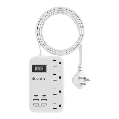 Beeiker 6 USB(2 USB C) Travel Power Strip- Flat Plug Extension Cord 3 Feet with 4.8A 24W USB Charging Station and 4 Outlets, 3 FT Short Extension Cord Portable for Travel Cruise Office College Dorm - Image 1