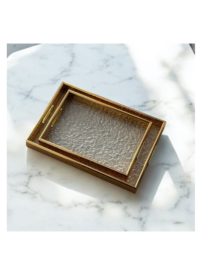 طقم صواني تقديم زجاجية خشبية مستطيلة بتصميم مزخرف مكونة من قطعتين - Image 2