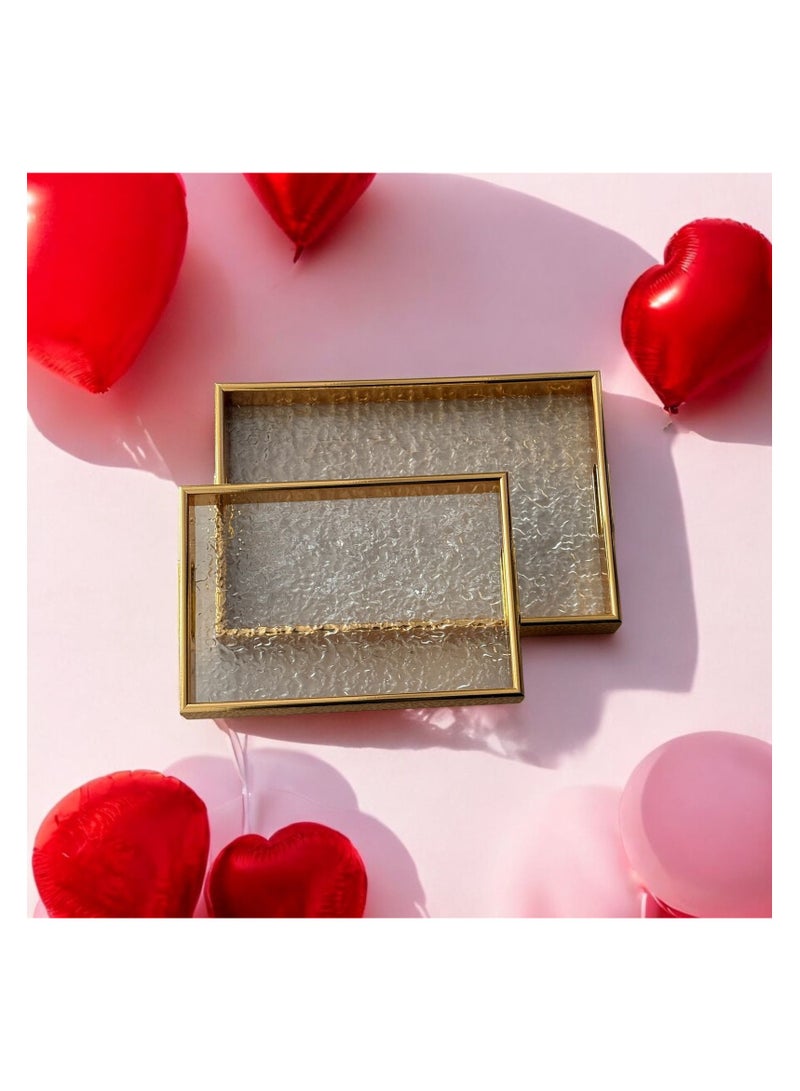 طقم صواني تقديم زجاجية خشبية مستطيلة بتصميم مزخرف مكونة من قطعتين - Image 1