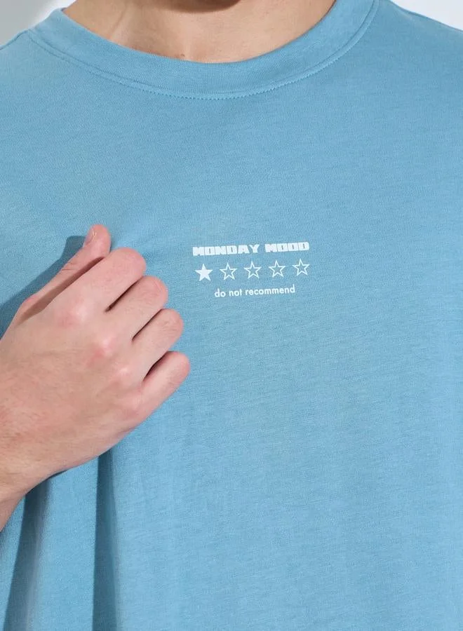 Styli Blue Men Oversized Text Print Terry T-Shirt for Men | Best Price UAE