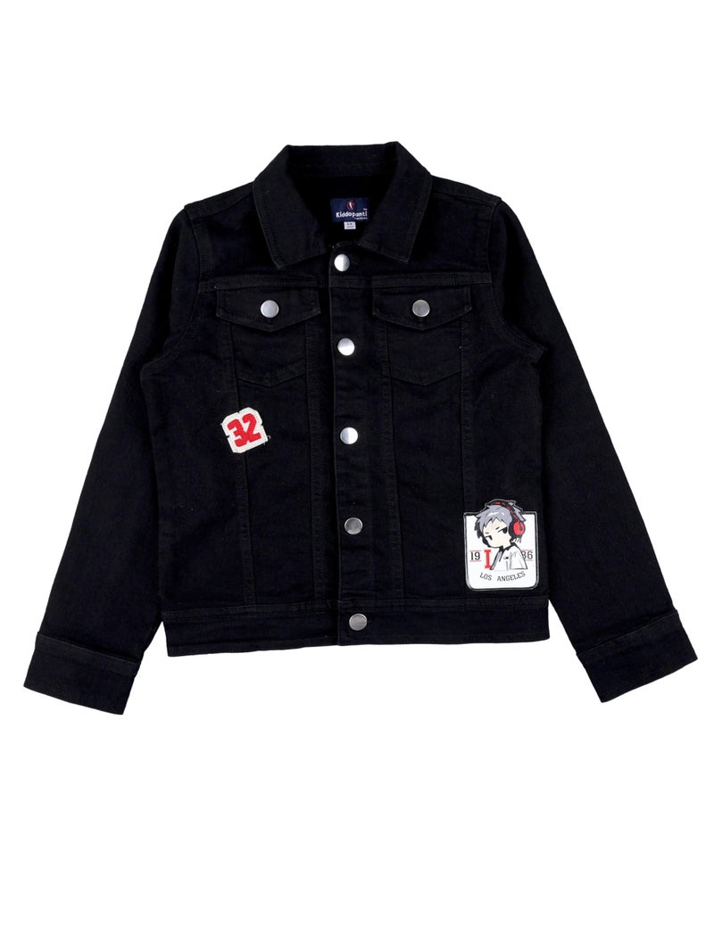 KiddoPanti Boys Denim Jacket With Badges | Cotton Poly Blend with Lycra | Washed Denim, Full Sleeve | Button Closure & Front Flap Pockets | Collared Neck, Black With Badges - 10-12Y - Image 1