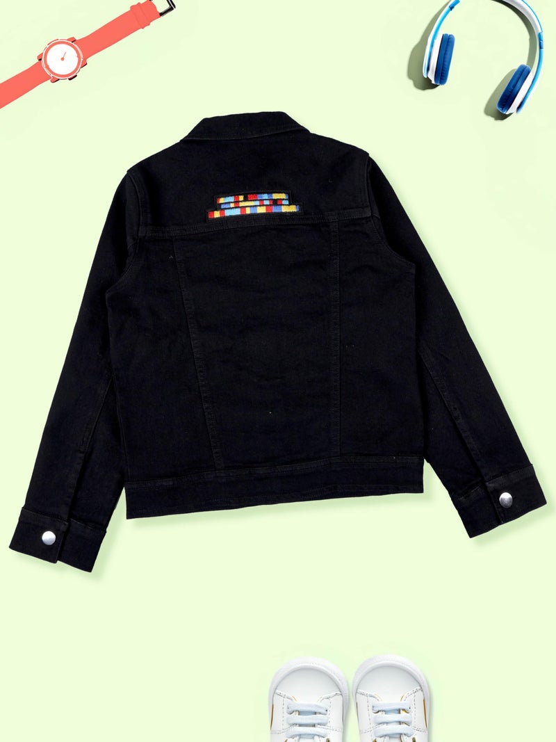 KiddoPanti Boys Denim Jacket With Badges | Cotton Poly Blend with Lycra | Washed Denim, Full Sleeve | Button Closure & Front Flap Pockets | Collared Neck, Black With Badges - 10-12Y - Image 3