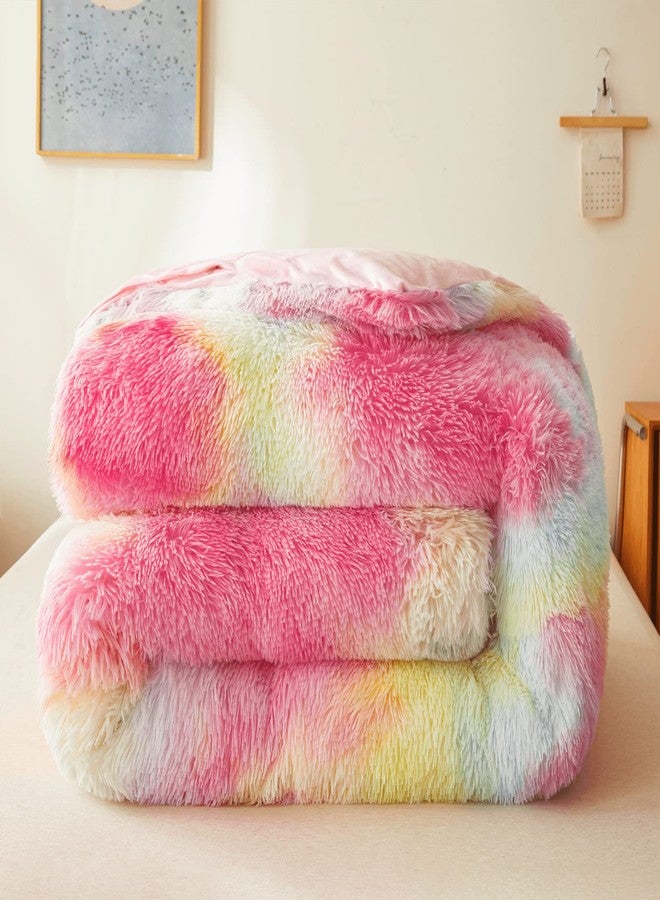 FOPPA Rainbow Plush Comforter Queen Size with Filler, Cozy Plush Comforter 3pcs(1 Fluffy Comforter +2 Fur Pillow Cases) Quilted Rainbow Fur Bed Comforter Set (Rainbow, Queen) - Image 5