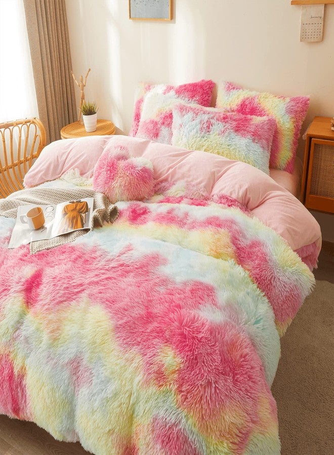 FOPPA Rainbow Plush Comforter Queen Size with Filler, Cozy Plush Comforter 3pcs(1 Fluffy Comforter +2 Fur Pillow Cases) Quilted Rainbow Fur Bed Comforter Set (Rainbow, Queen) - Image 3