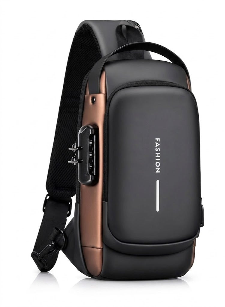 cross bag men | Water-Resistant Sling Bag with Double Digital Security Lock & USB Charging Port | Black & Gold | large size - Image 1
