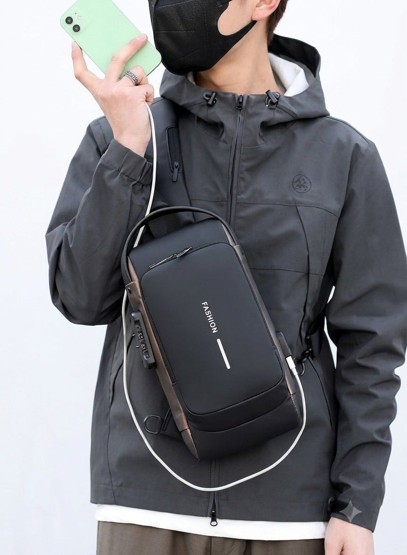 cross bag men | Water-Resistant Sling Bag with Double Digital Security Lock & USB Charging Port | Black & Gold | large size - Image 3