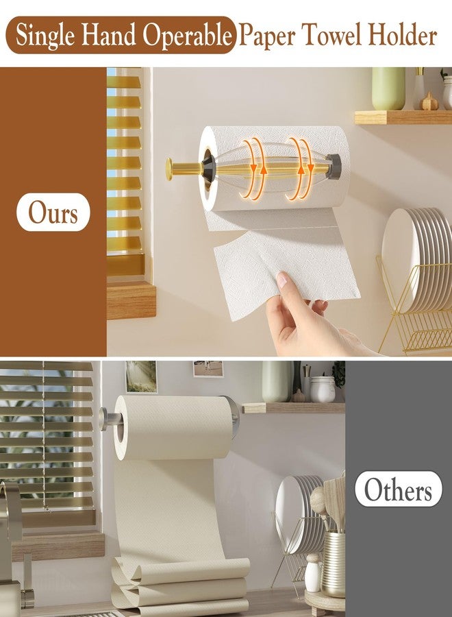 Winproper Paper Towel Holder Under Cabinet with 2 Hooks, Paper Towel Holder Wall Mount with Damping Effect, Self-Adhesive or Drilled Paper Roll Holders for Kitchen, Bathroom, RV(Gold) - Image 2