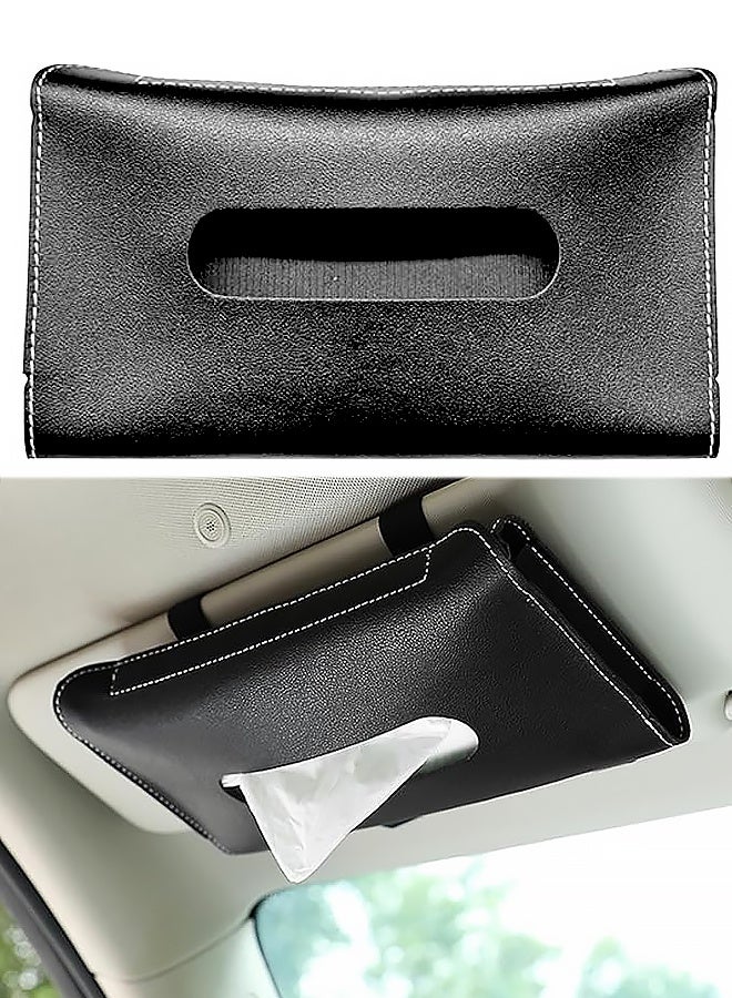 حامل مناديل للسيارة - حامل علبة مناديل جلدية، موزع كمامات للسيارة - حامل مناديل معلق للسيارة، موزع مناديل للسيارة - حامل كمامات مستطيل، ملحق واقي الشمس للسيارات (أسود) - Image 1