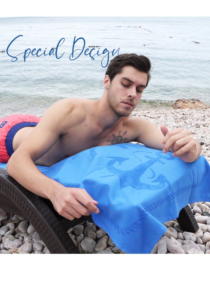 Anemoss Large Size Beach Towel, 100% Turkish Cotton, Sailor Knot Design, Blue, High Absorbent, Soft Towel, 70x140cm - Image 4