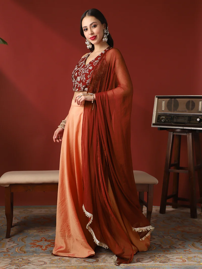 globus  Globus Women Maroon V-Neck Stylised Back Embroidered Blouse & Lehenga With Taping Dupatta Ready To Wear Festive Set for Women | Best Price UAE