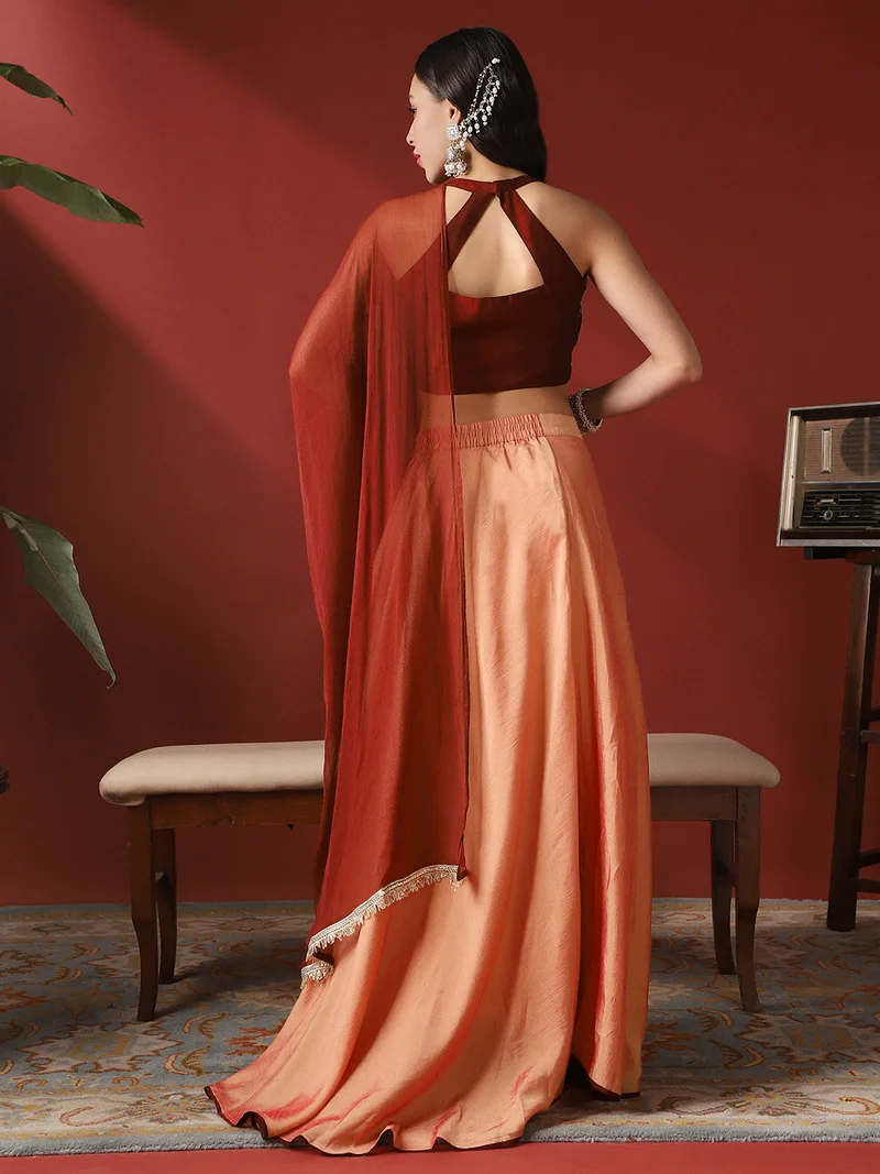 globus  Globus Women Maroon V-Neck Stylised Back Embroidered Blouse & Lehenga With Taping Dupatta Ready To Wear Festive Set for Women | Best Price UAE