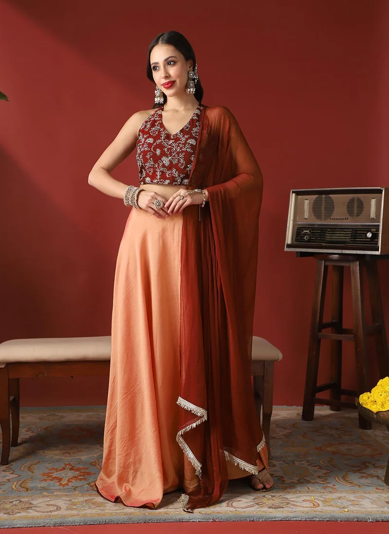 Globus Women Maroon V-Neck Stylised Back Embroidered Blouse & Lehenga With Taping Dupatta Ready To Wear Festive Set