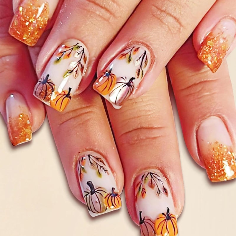 WULIUFLY Integrated warehouse solution 24Pcs Fall Press on Nails Short Square Fake Nails Orange Pumpkins Glue on Nails Thanksgiving False Nails Full Cover Autumn Leaves Acrylic Nails Glitter Design French Tip Press ons Artificial Nails Kit Locally packed stock - Image 1