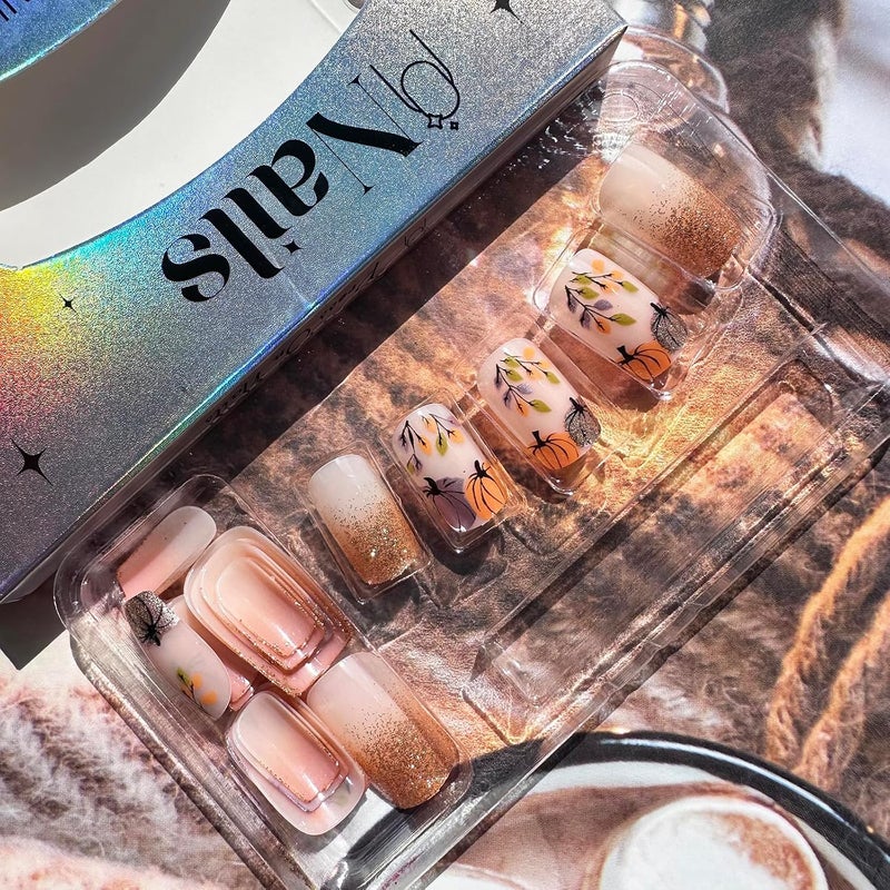 WULIUFLY Integrated warehouse solution 24Pcs Fall Press on Nails Short Square Fake Nails Orange Pumpkins Glue on Nails Thanksgiving False Nails Full Cover Autumn Leaves Acrylic Nails Glitter Design French Tip Press ons Artificial Nails Kit Locally packed stock - Image 3