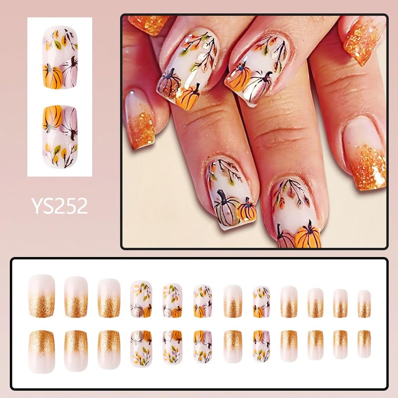 WULIUFLY Integrated warehouse solution 24Pcs Fall Press on Nails Short Square Fake Nails Orange Pumpkins Glue on Nails Thanksgiving False Nails Full Cover Autumn Leaves Acrylic Nails Glitter Design French Tip Press ons Artificial Nails Kit Locally packed stock - Image 4