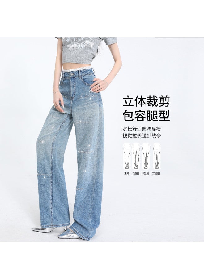 Hstyle Women's High Waist Lace Trim Rhinestone Denim Straight Leg Pants - 2025 Summer Stretchy Wide Leg Trousers For Slimming & Versatile Outfits - Image 5