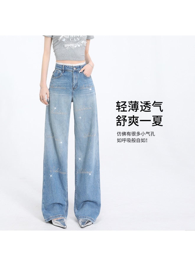 Hstyle Women's High Waist Lace Trim Rhinestone Denim Straight Leg Pants - 2025 Summer Stretchy Wide Leg Trousers For Slimming & Versatile Outfits - Image 4
