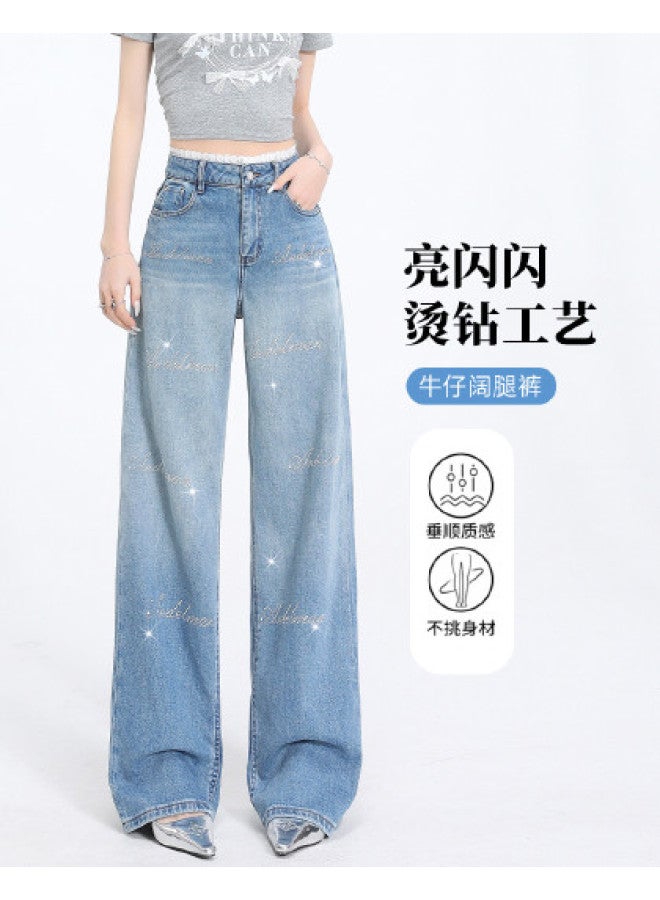 Hstyle Women's High Waist Lace Trim Rhinestone Denim Straight Leg Pants - 2025 Summer Stretchy Wide Leg Trousers For Slimming & Versatile Outfits - Image 1