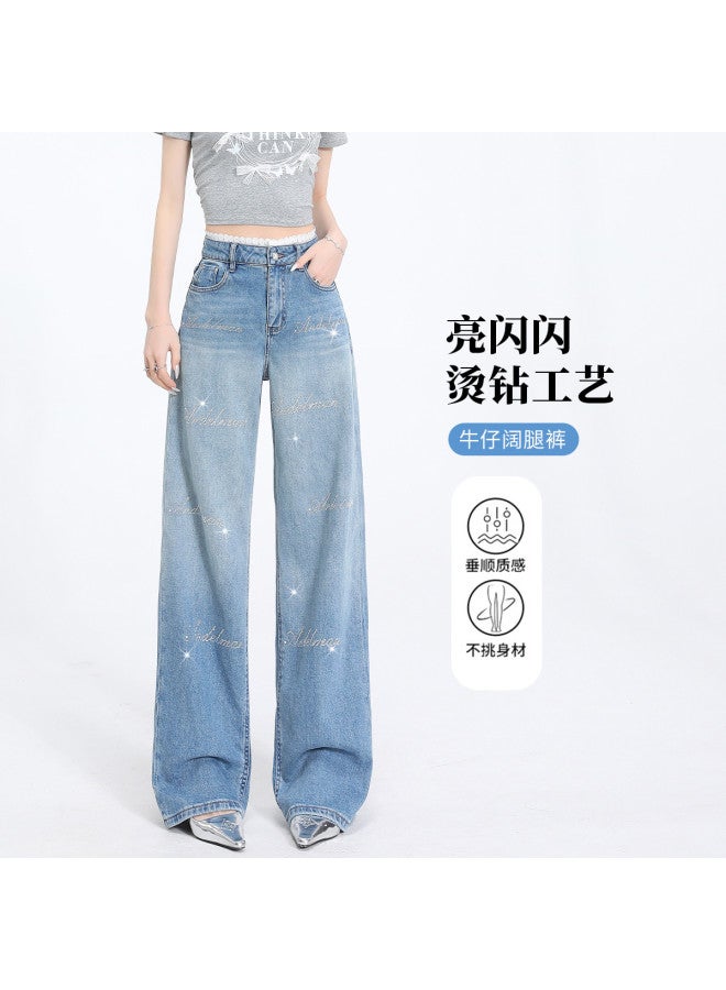 Hstyle Women's High Waist Lace Trim Rhinestone Denim Straight Leg Pants - 2025 Summer Stretchy Wide Leg Trousers For Slimming & Versatile Outfits - Image 2