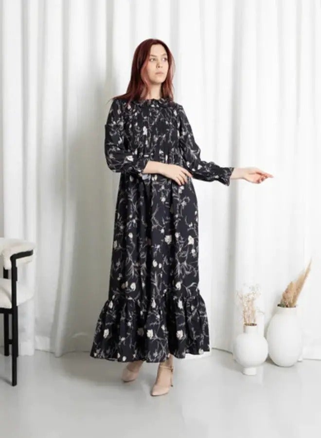 Ideal Platted Black Maxi Dress with Floral Pattern  - Image 1