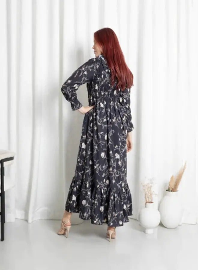 Ideal Platted Black Maxi Dress with Floral Pattern  - Image 3